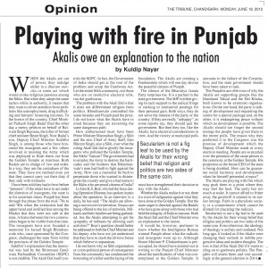 Kuldip Nayar's article opposing Sikh memorial for Saka Darbar Sahib (June 1984) and Akal Takhat's decision to honor Bhai Balwant Singh. This article was published in The Tribune on 18 July, 2012. Click on this image for larger view.