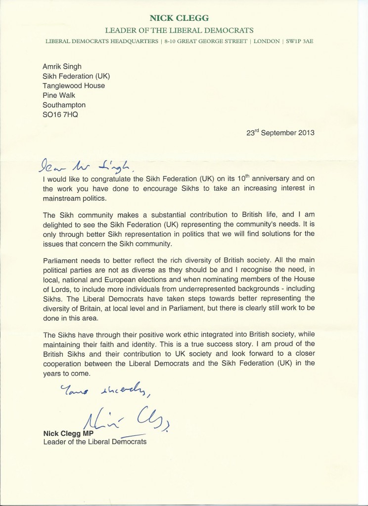 Nick Clegg's Letter to the Sikh Federation (UK)